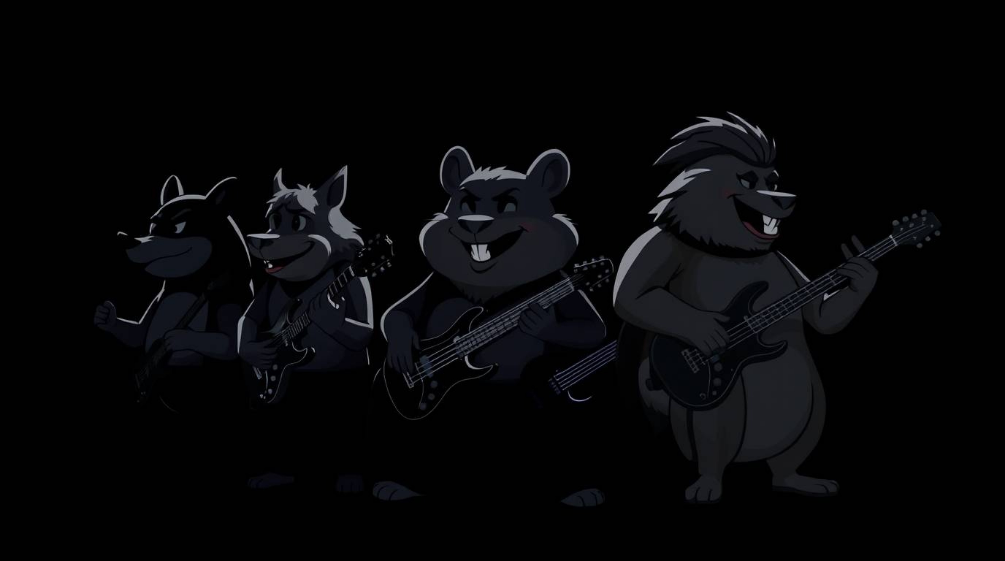 A captivating image of a rock band composed entirely of cartoon animals, rendered in intense jet black. Deep shadows dramatic