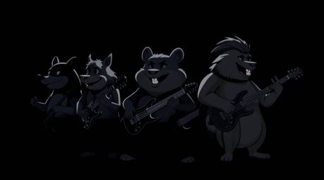 A captivating image of a rock band composed entirely of cartoon animals, rendered in intense jet black. Deep shadows dramatic