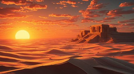 A breathtaking, large-scale artwork depicts a layered papier-mâché sunset over majestic golden desert dunes.  The scene featu
