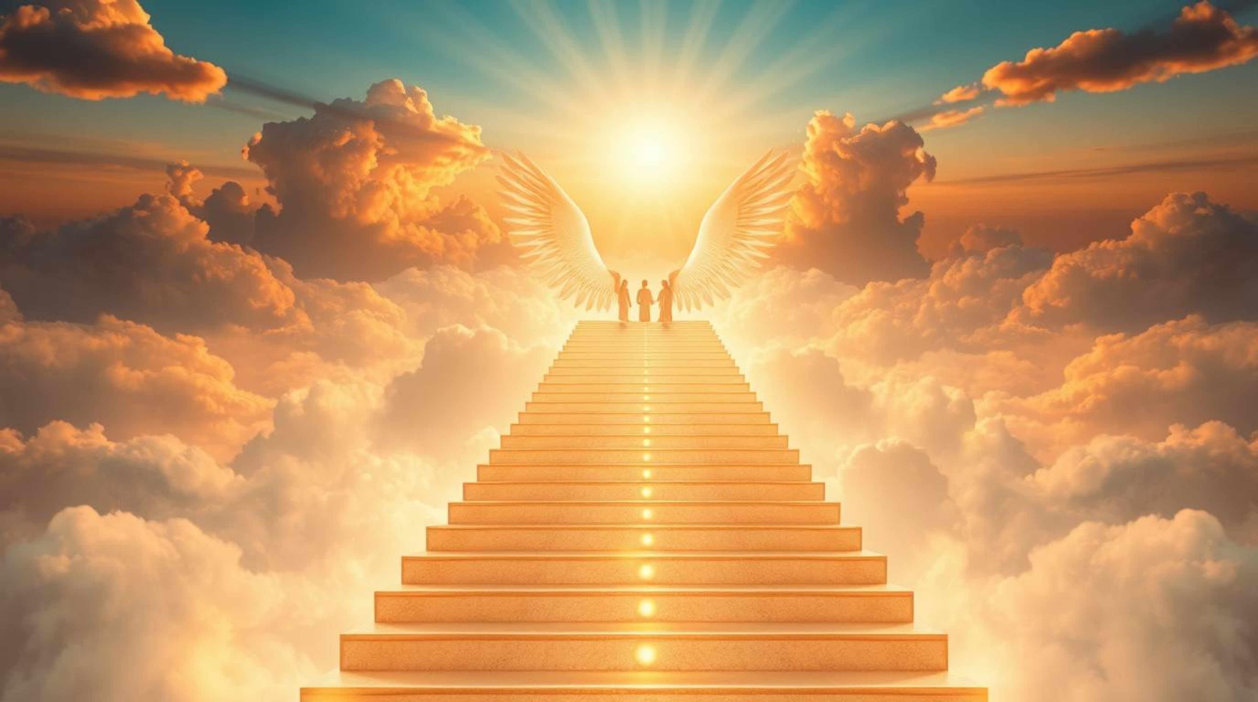 A high-resolution stock photo captures a dreamlike and peaceful scene of luminous steps ascending into a cloudy sky, bathed i