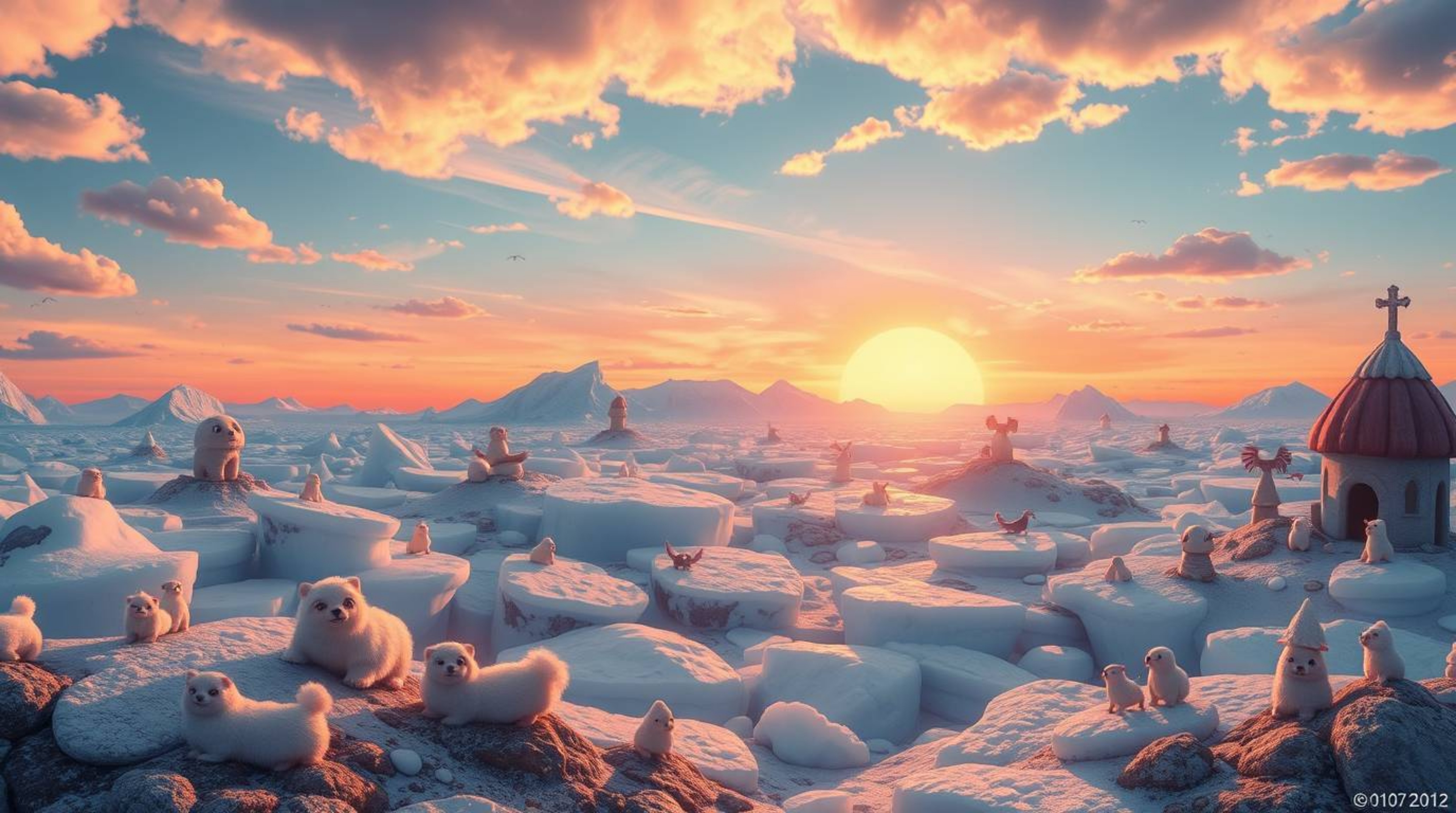 A dreamlike, surreal depiction of an adorable sunset over icy polar glaciers.  The scene features charming fantastical elemen