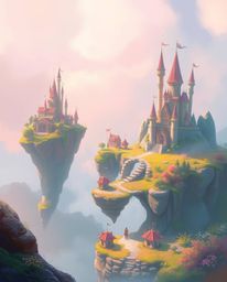 Escape to a soft, dreamy atmosphere in a vibrant kingdom filled with floating islands and majestic castles. This digital pai
