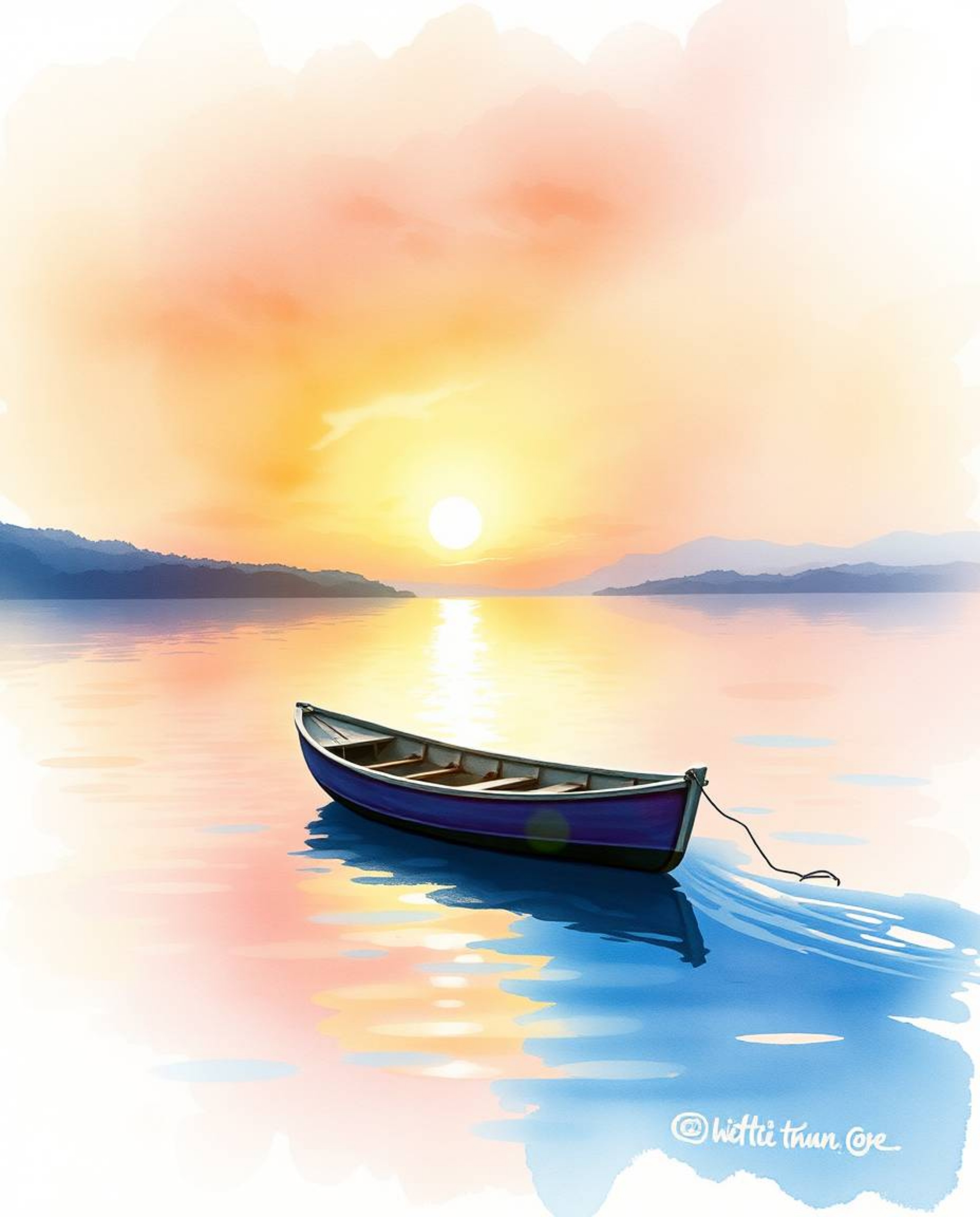A delicate watercolor painting of a boat drifting on a sunset lake, using translucent washes, fluid brushstrokes, vibrant col