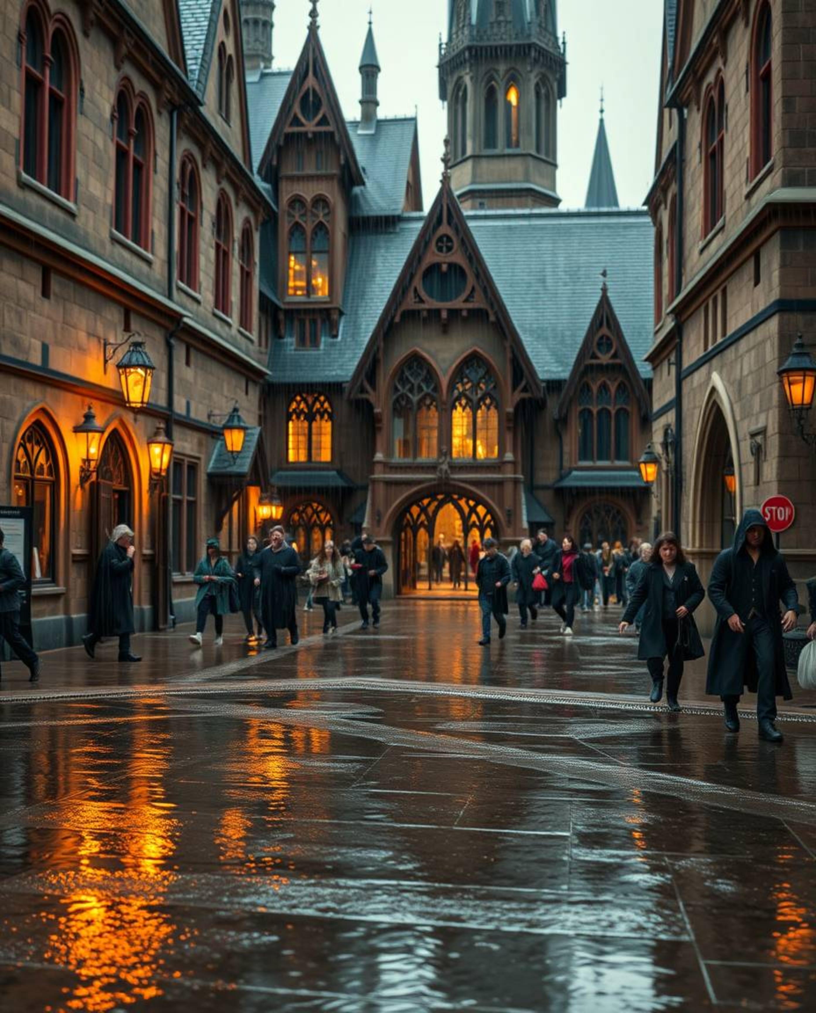 Experience a tight close-up view of a magical school teeming with young wizards on a rainy day. The image emphasizes the intr