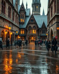 Experience a tight close-up view of a magical school teeming with young wizards on a rainy day. The image emphasizes the intr