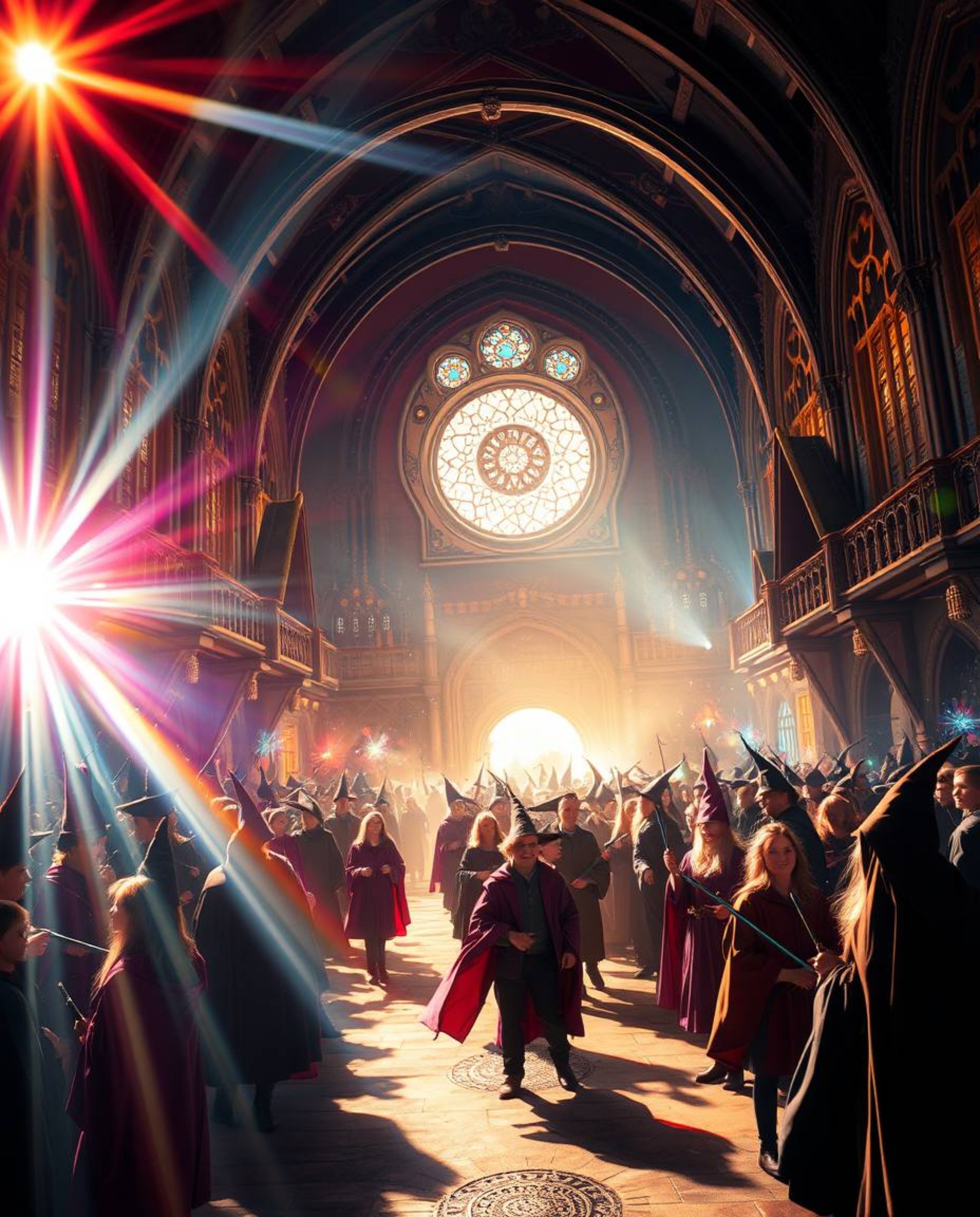 Immerse yourself in a grand, epic scene of a magical school teeming with young wizards, brilliantly illuminated by a captivat