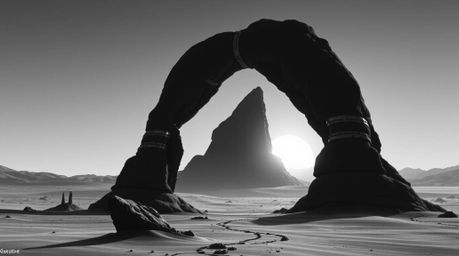 Experience a classic black and white futuristic sci-fi scene featuring a stunning desert sunset viewed through a natural rock