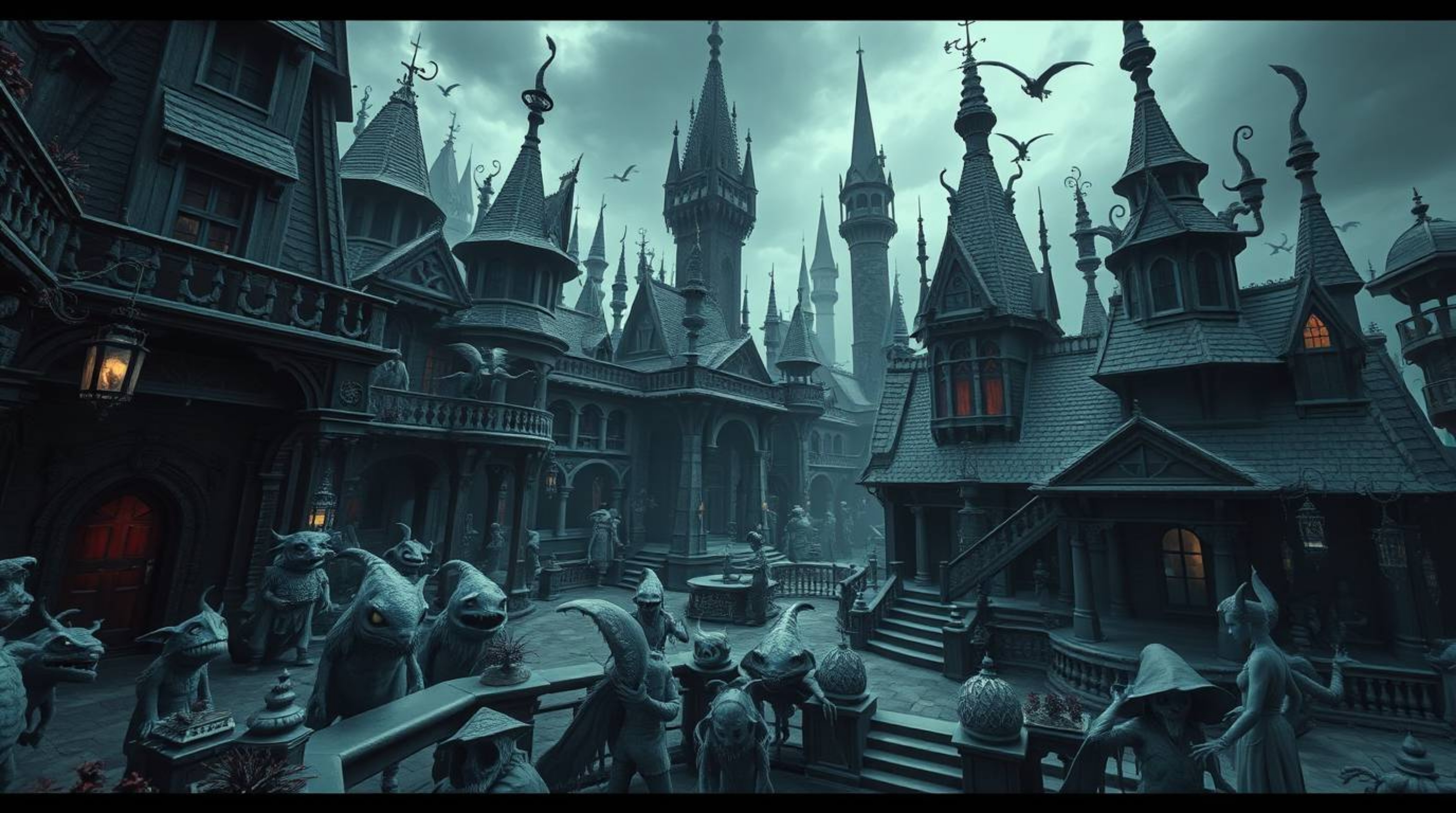 Explore a meticulously captured architectural photograph of a fantastical kingdom teeming with peculiar magical creatures. Th