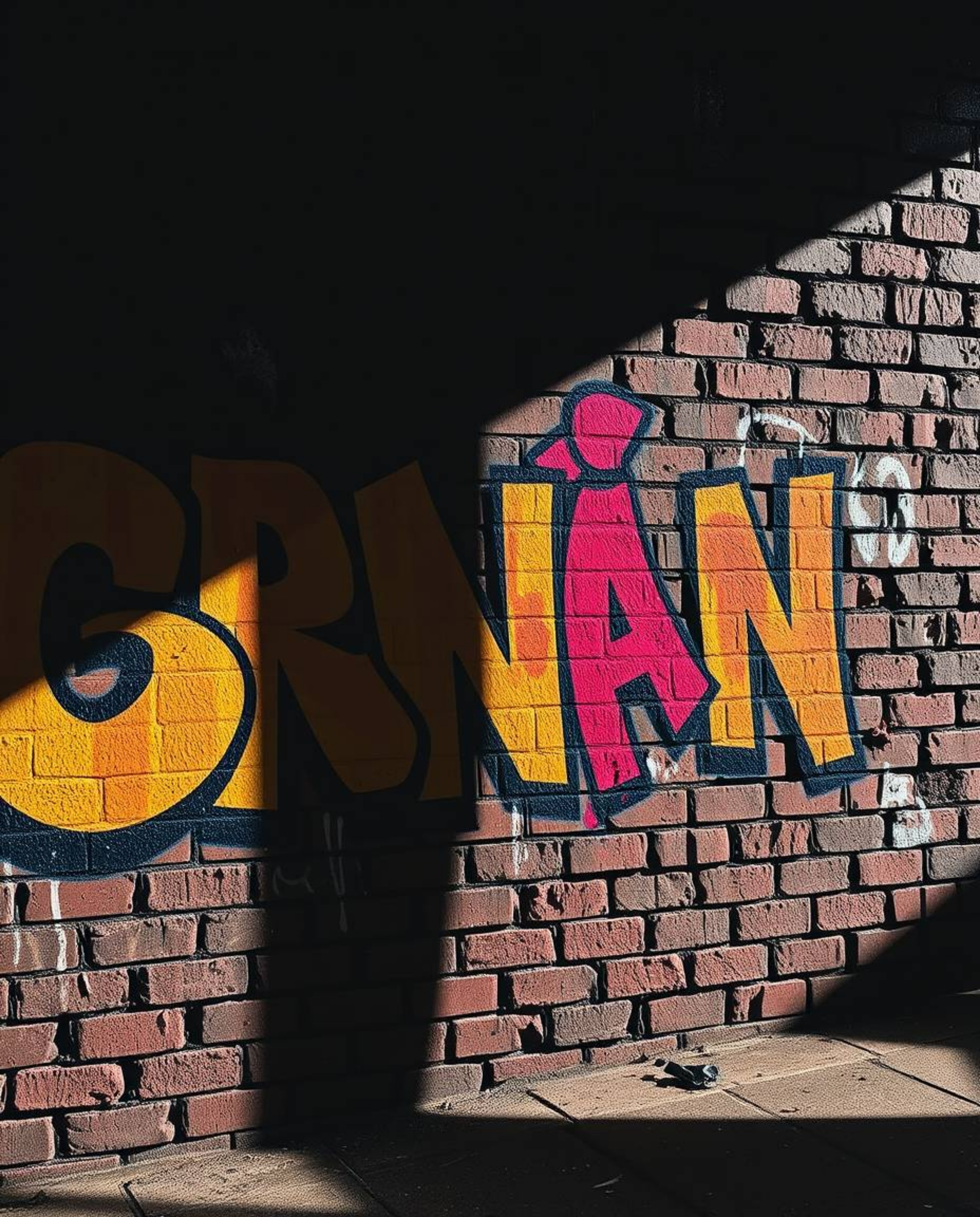 A moody depiction of vibrant graffiti-style splashes on a brick wall.  The image features strong, hard light and low contrast