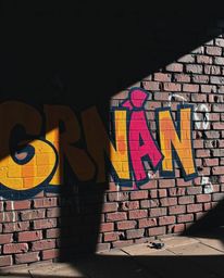 A moody depiction of vibrant graffiti-style splashes on a brick wall.  The image features strong, hard light and low contrast