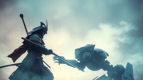 A samurai and a robot engage in a breathtaking clash within a hazy, dreamlike landscape.  Soft lighting in cool blues, greens