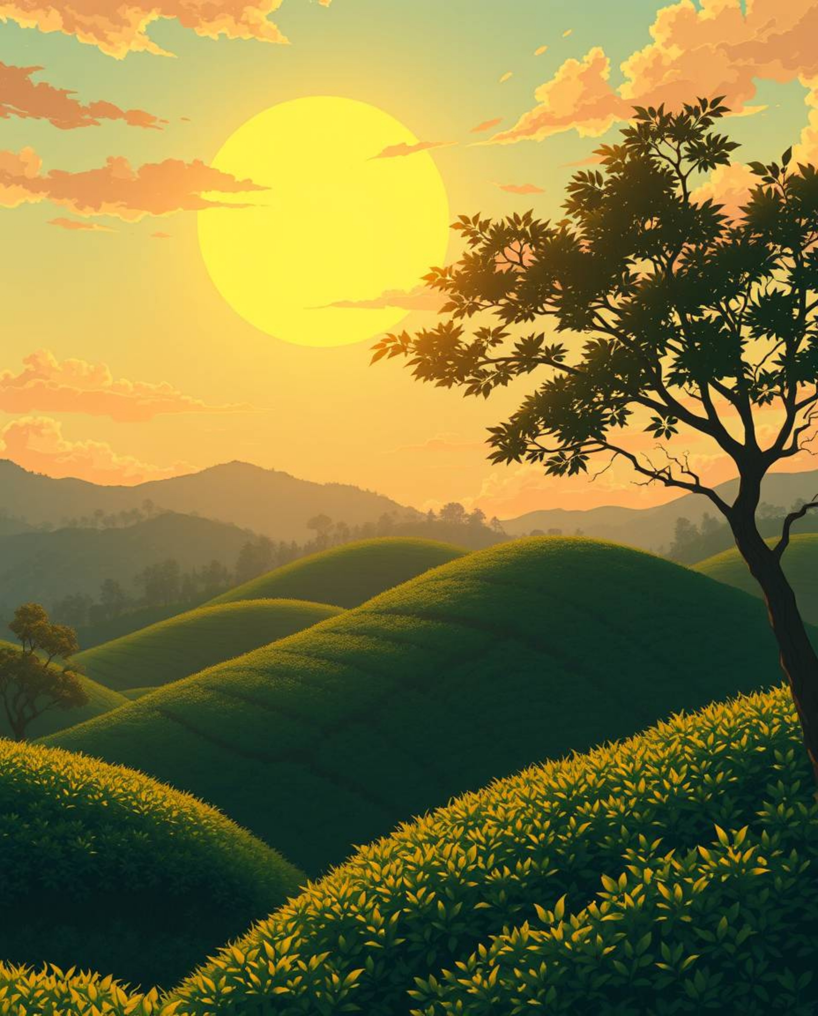 An Isekai anime-style illustration featuring an expressive composition depicting a sunset over terraced tea plantations. This