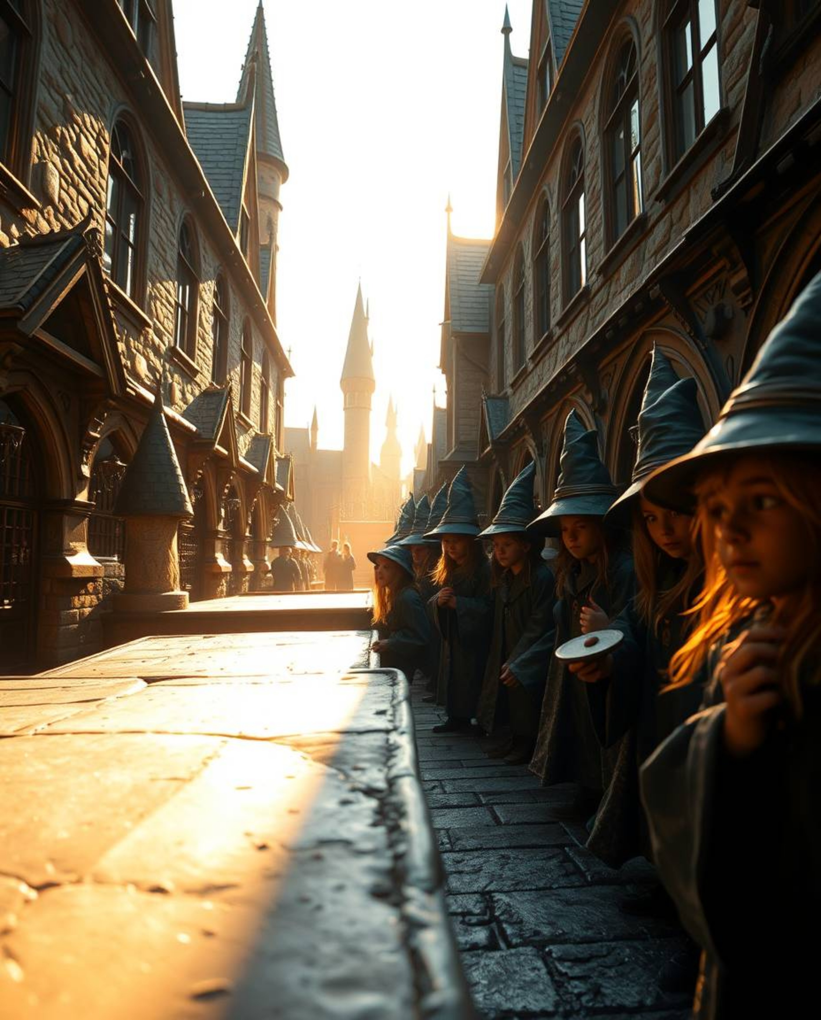 A warm golden hour bathes a magical school filled with young wizards in this close-up shot. Rendered in bronze with an antiqu
