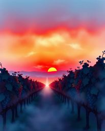 This is a delicate watercolor painting of a sunset over a vineyard, distinguished by its rich burgundy and deep blue hues. Th