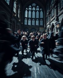 Immerse yourself in a magical school teeming with energetic young wizards captured in dynamic motion. This image, rendered in