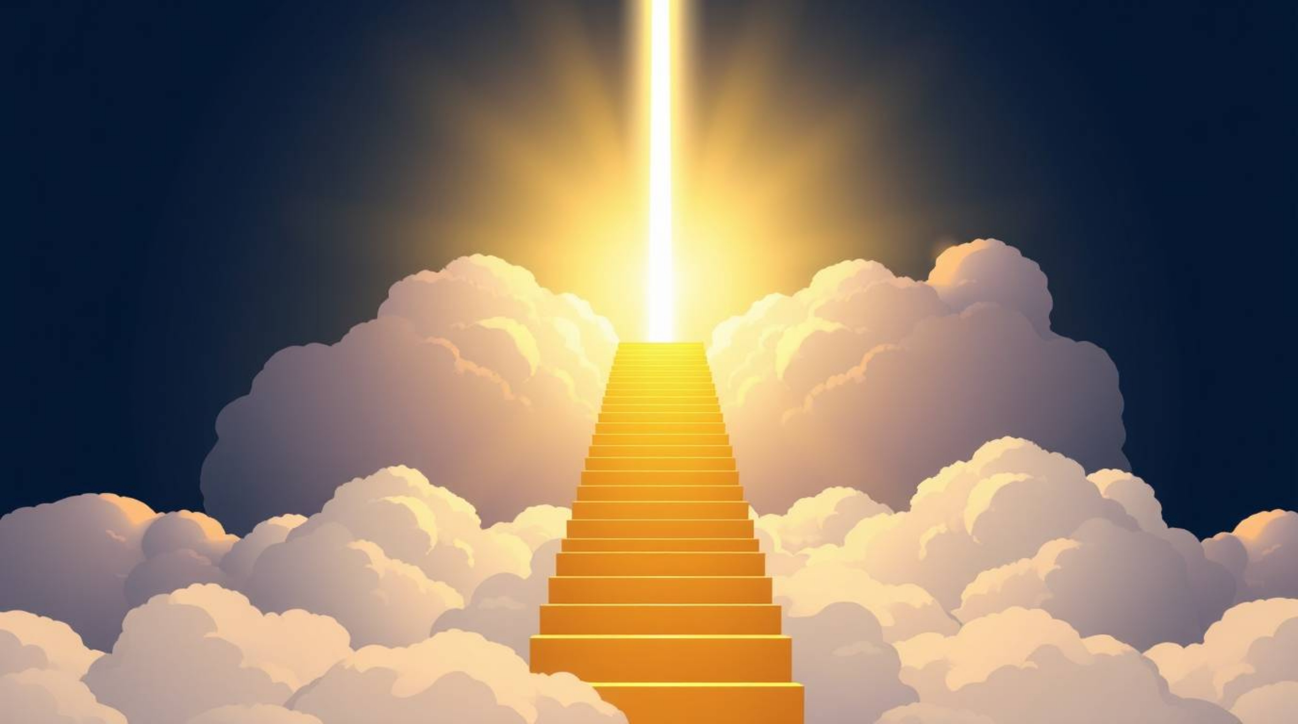 A modern flat design illustration depicts a golden staircase ascending through clouds towards a glowing heaven, bathed in sun