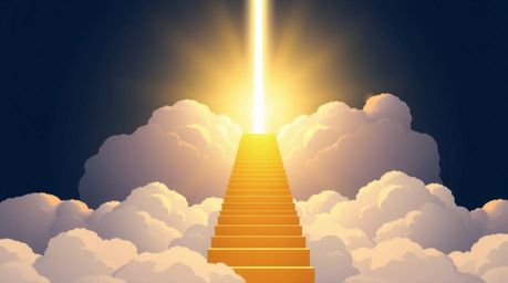 A modern flat design illustration depicts a golden staircase ascending through clouds towards a glowing heaven, bathed in sun