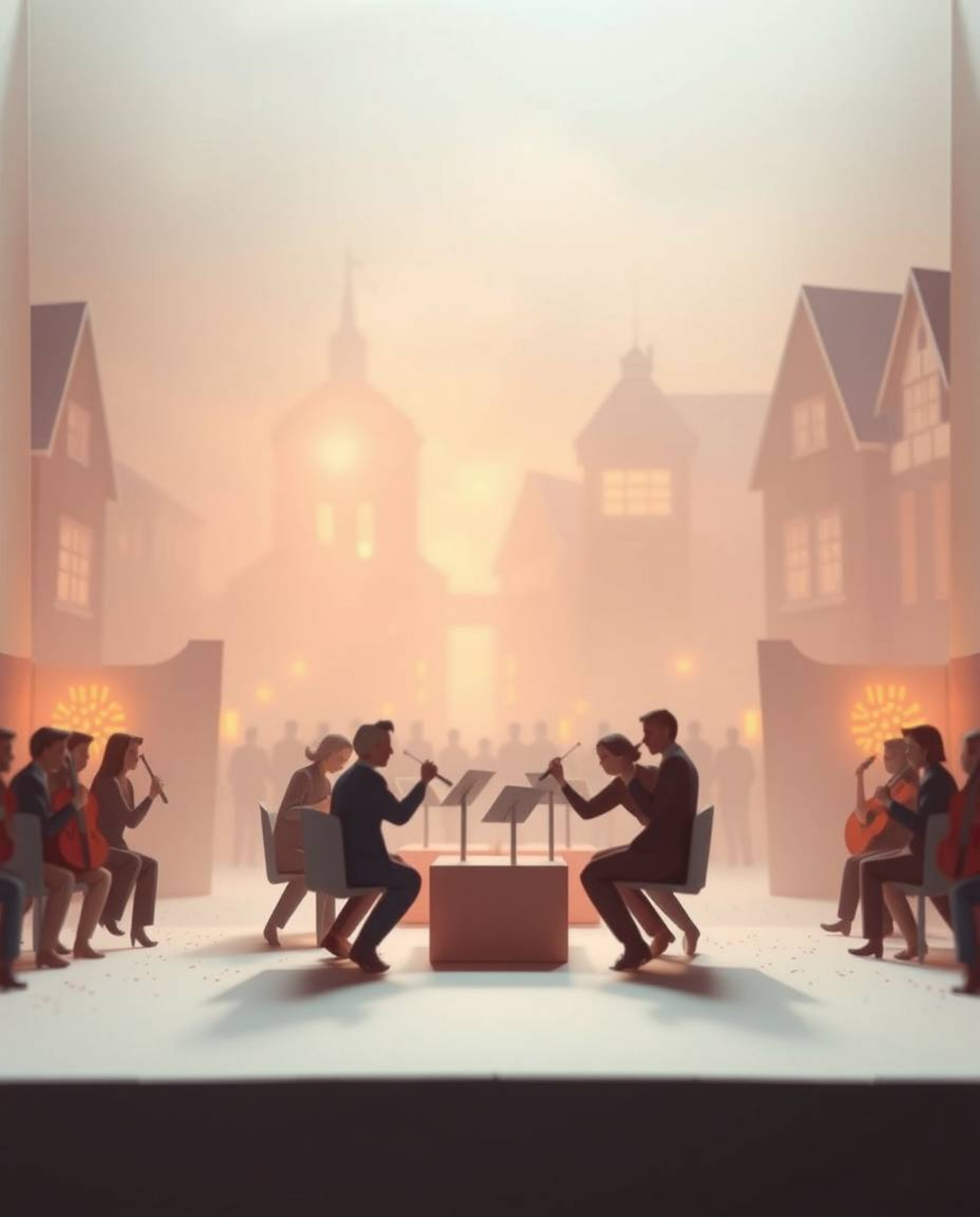 A captivating origami-style illustration showcases a vibrant musical performance in a bright town square.  Viewed from a low 