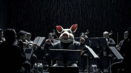 A captivating, jet-black photograph depicts a pig character dramatically conducting an orchestra in a downpour.  The image is