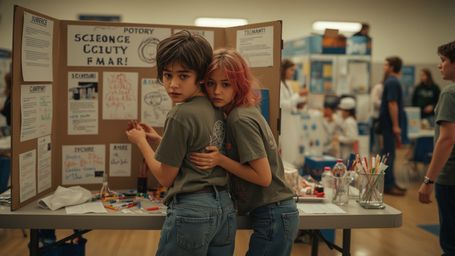 A vibrant, cinematic photograph, in a warm, Pixar-inspired style, captures two eager teenage science fair students desperatel