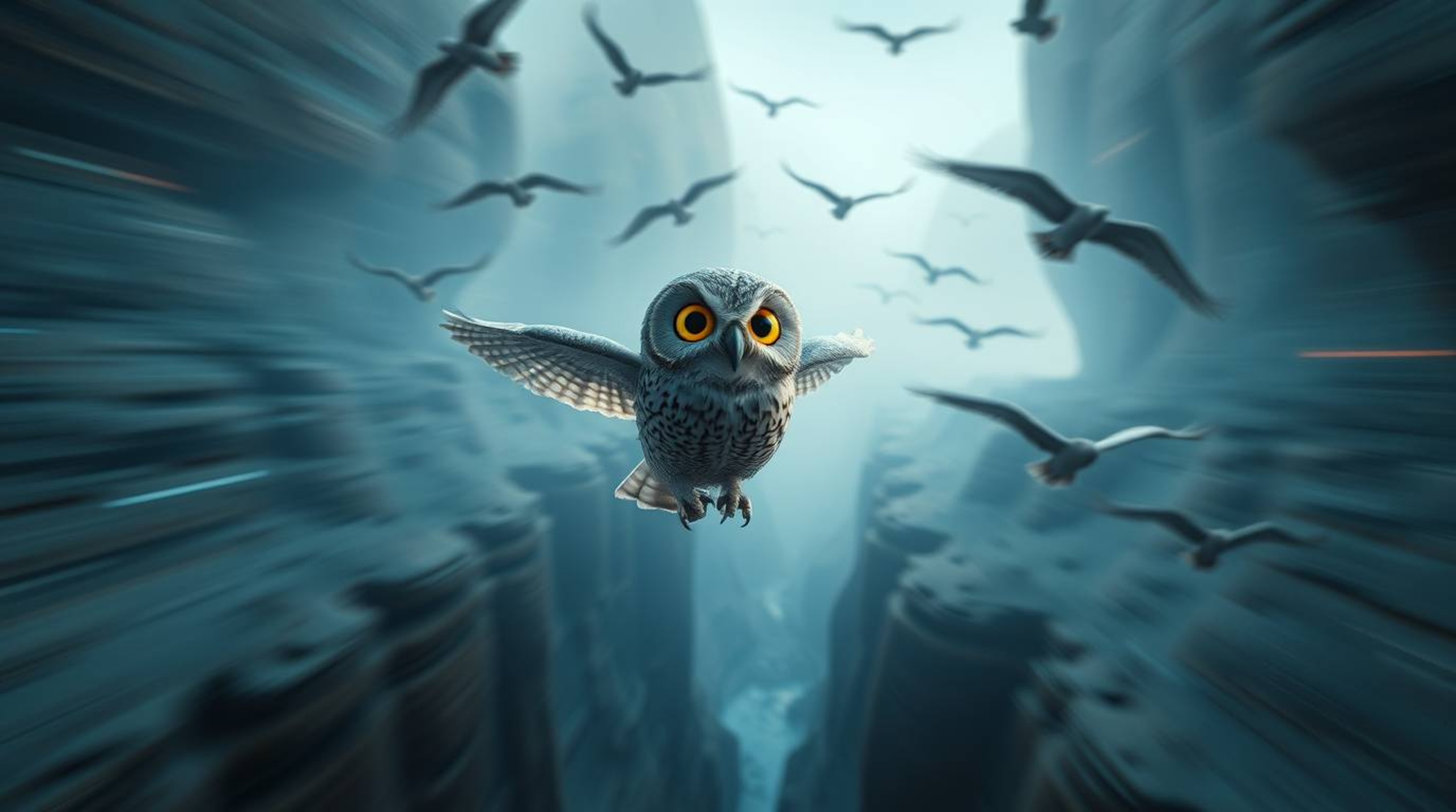 This cinematic long-exposure photograph captures a deeply ethereal and spiritual vibe, featuring a wise, blind owl rendered i