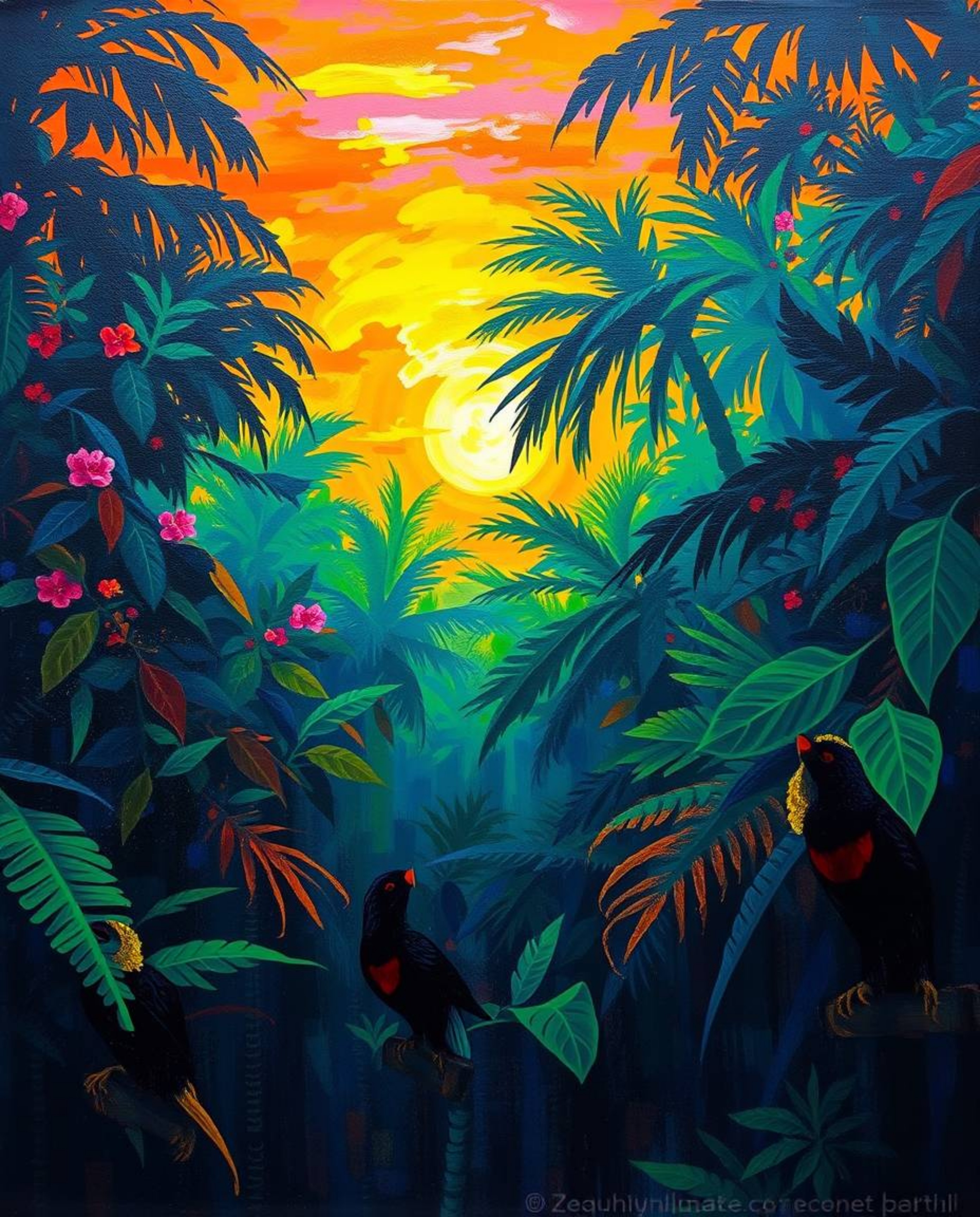 A bold acrylic painting of a sunset seen through a dense jungle canopy, distinguished by its use of vibrant, bioluminescent c
