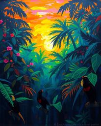 A bold acrylic painting of a sunset seen through a dense jungle canopy, distinguished by its use of vibrant, bioluminescent c