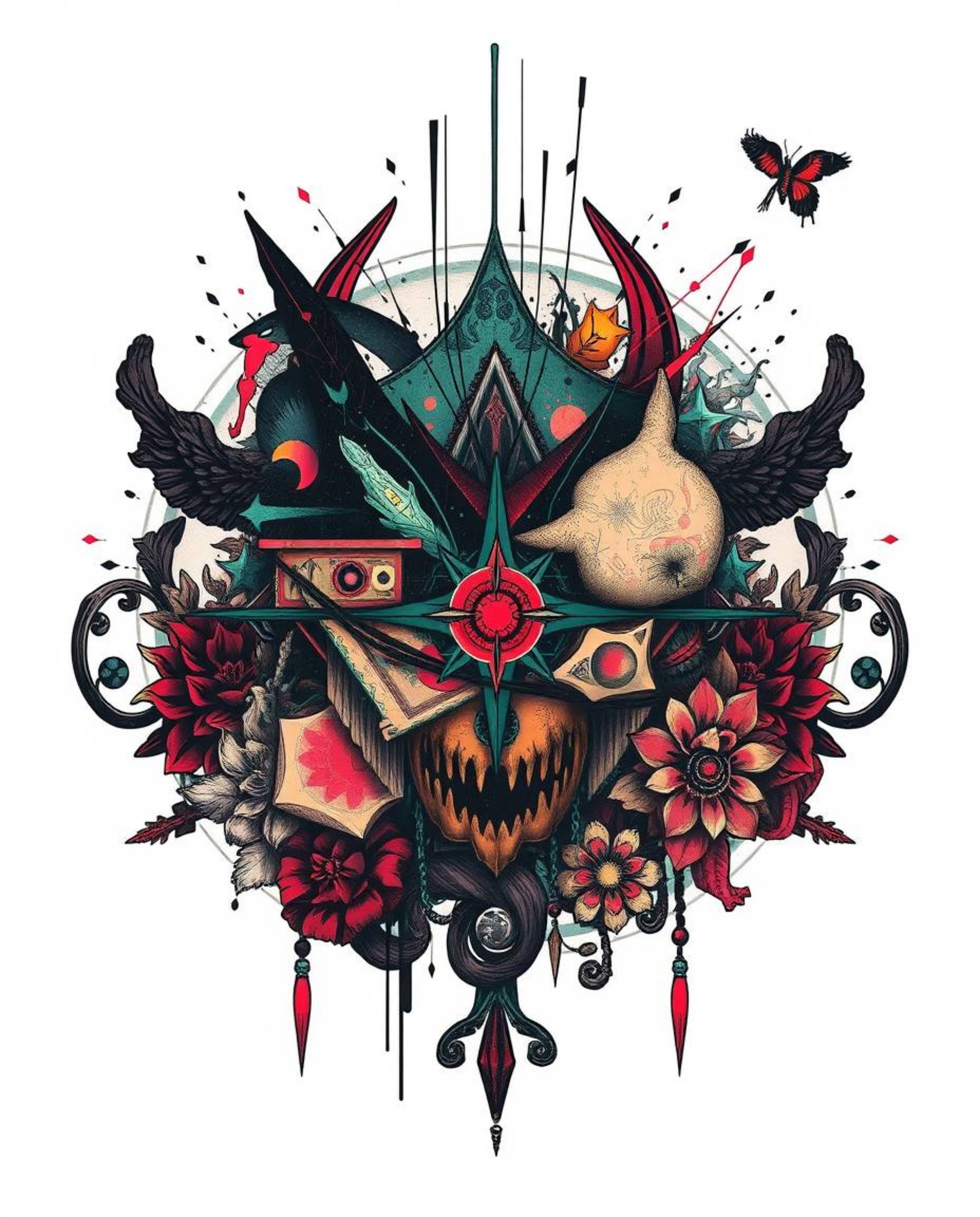 Explore a collection of tattoo art prints featuring an eerie and creepy atmosphere, blending traditional tattoo art with abst