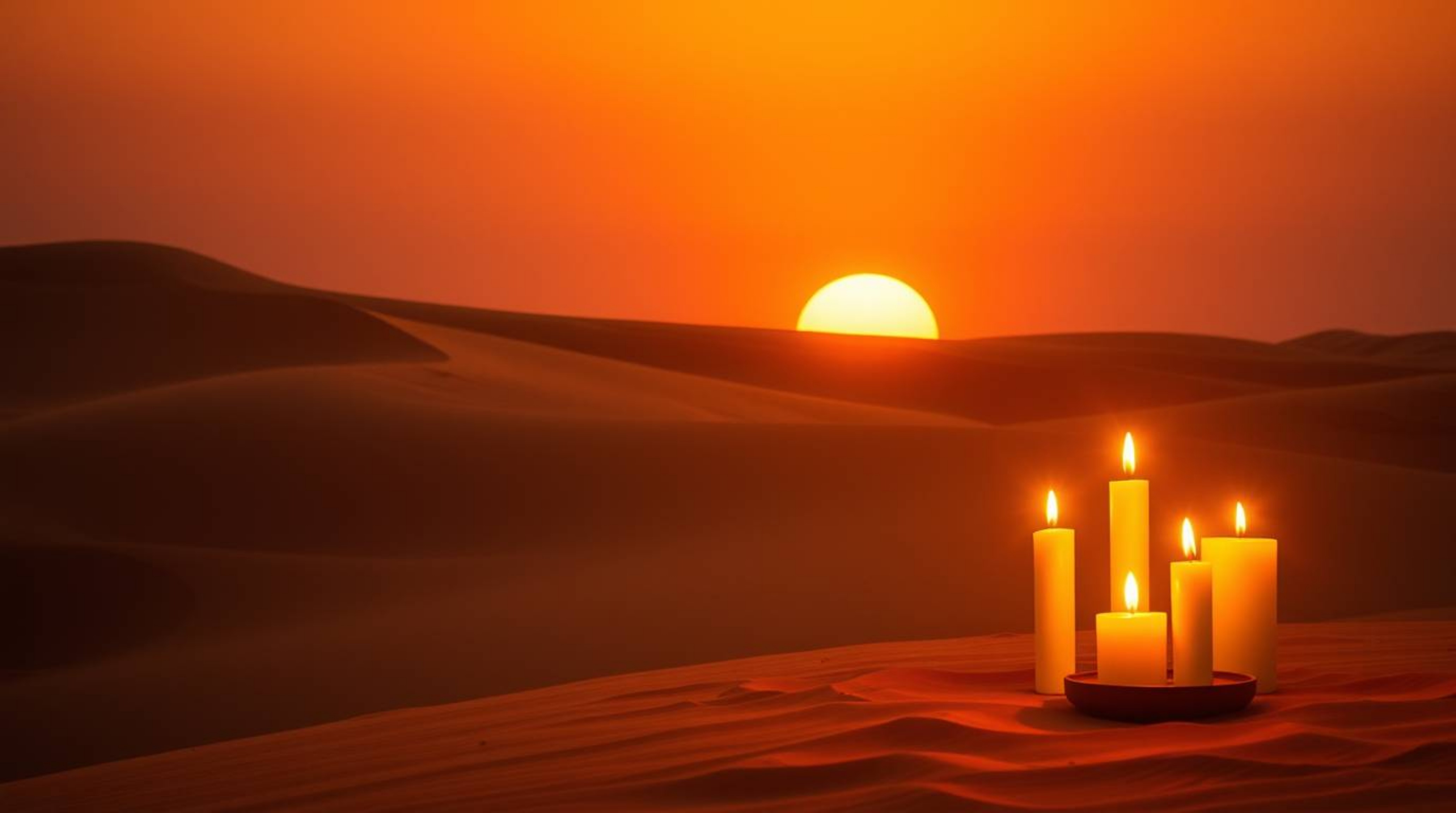 A captivating image of a desert sunset, showcasing golden dunes bathed in warm candlelight.  The scene is characterized by mu