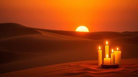 A captivating image of a desert sunset, showcasing golden dunes bathed in warm candlelight.  The scene is characterized by mu