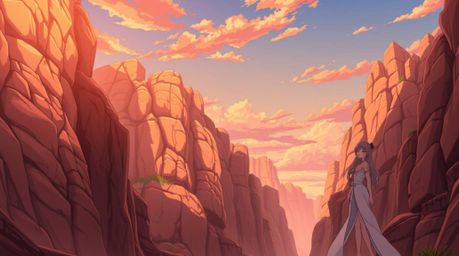A breathtaking Isekai anime-style artwork depicts a rocky canyon bathed in warm sunset hues.  Graceful and elegant characters