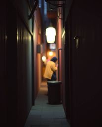 A captivating street photograph showcases eyes peering from the darkness of a shadowy alley at night, rendered in soft pastel