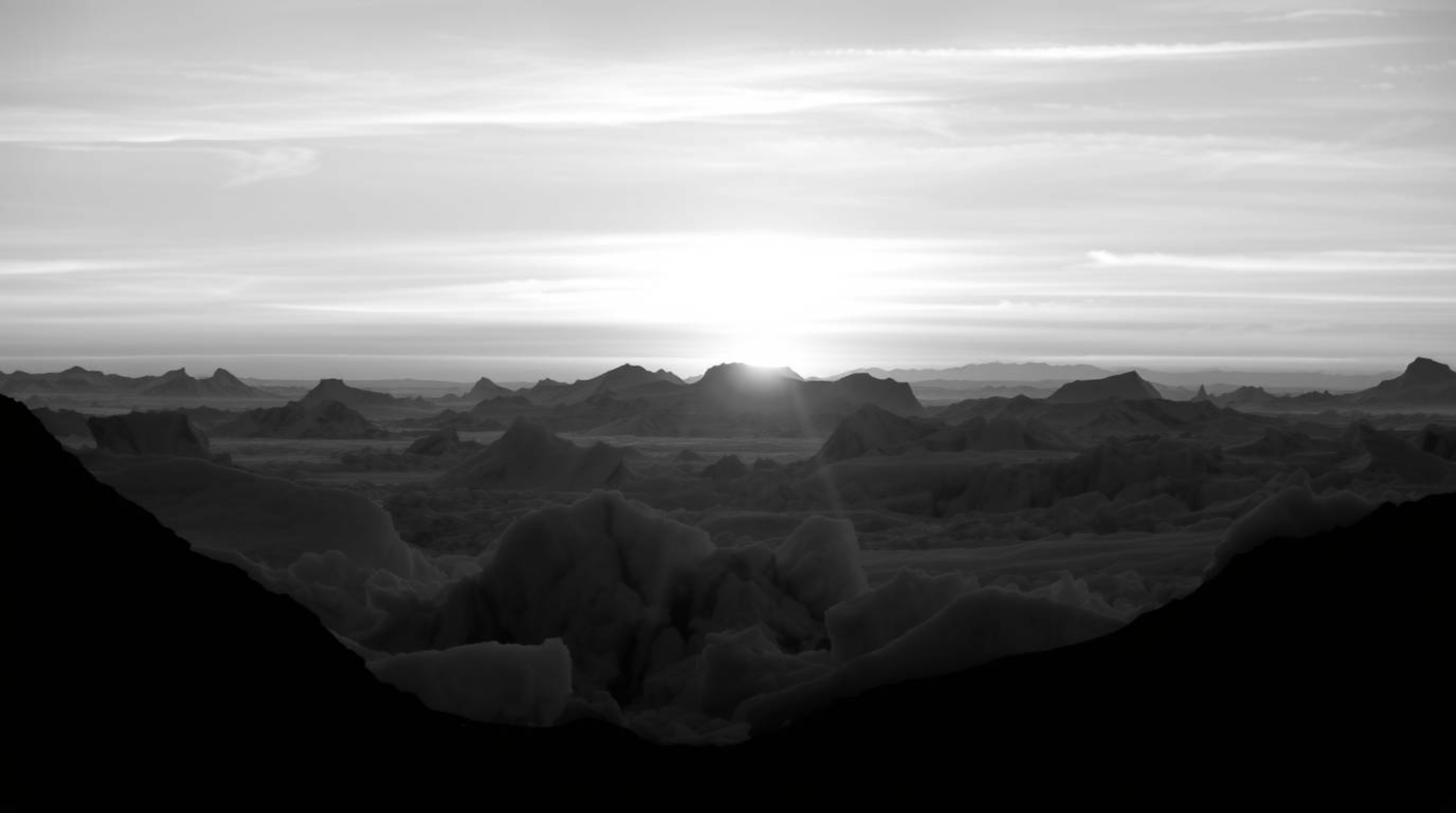 This stunning black and white photograph captures a timeless sunset over the icy polar glaciers, evoking a sense of elegance 