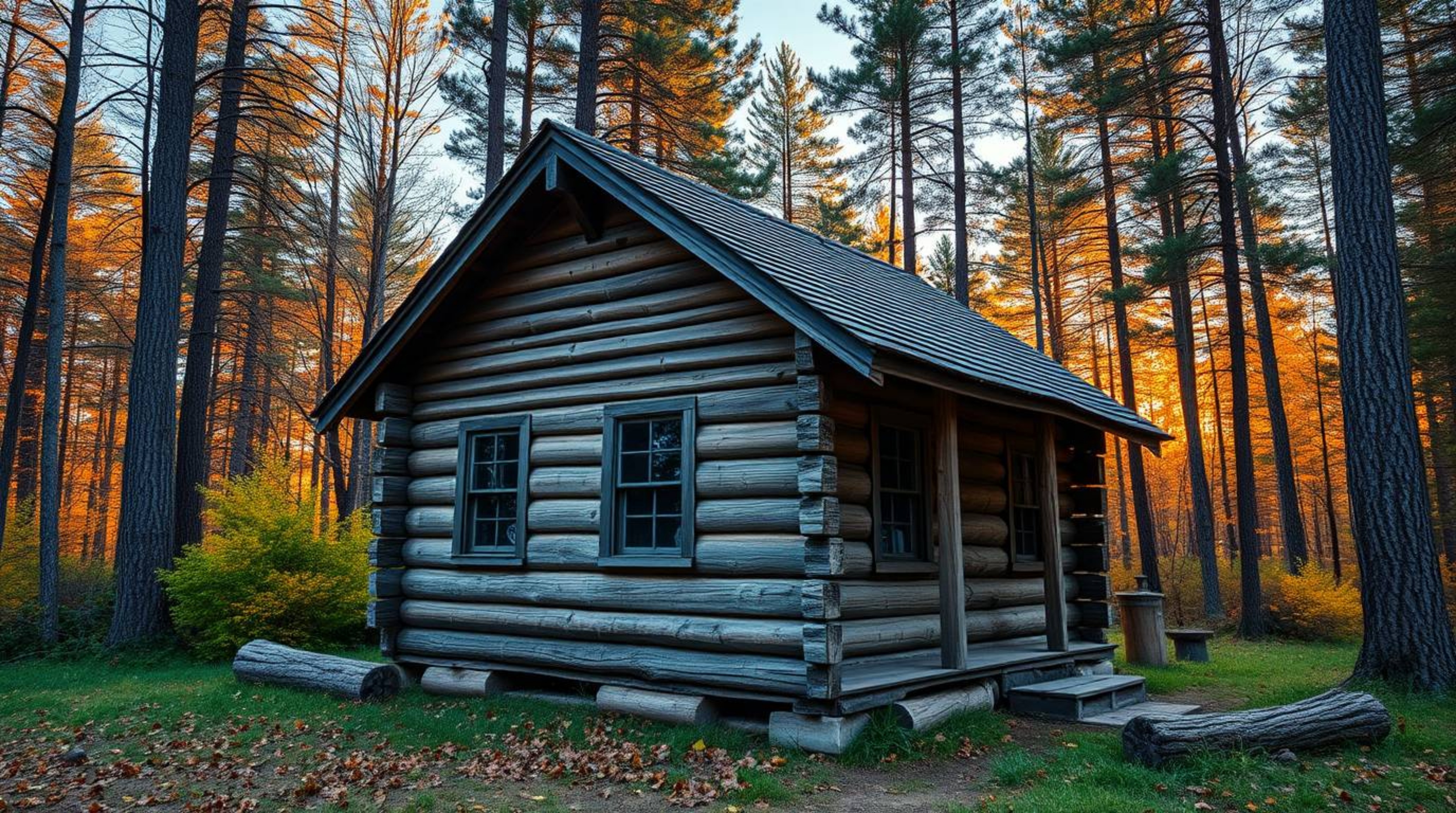 A captivating image featuring an old wooden cabin nestled within a sunset-lit woods. The artwork emphasizes complementary con