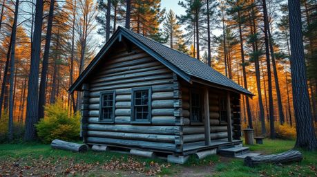 A captivating image featuring an old wooden cabin nestled within a sunset-lit woods. The artwork emphasizes complementary con