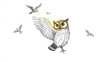 A captivating hand-drawn sketch in the style of Pixar showcases a blind owl with luminous feathers, bathed in a radiant sunbe