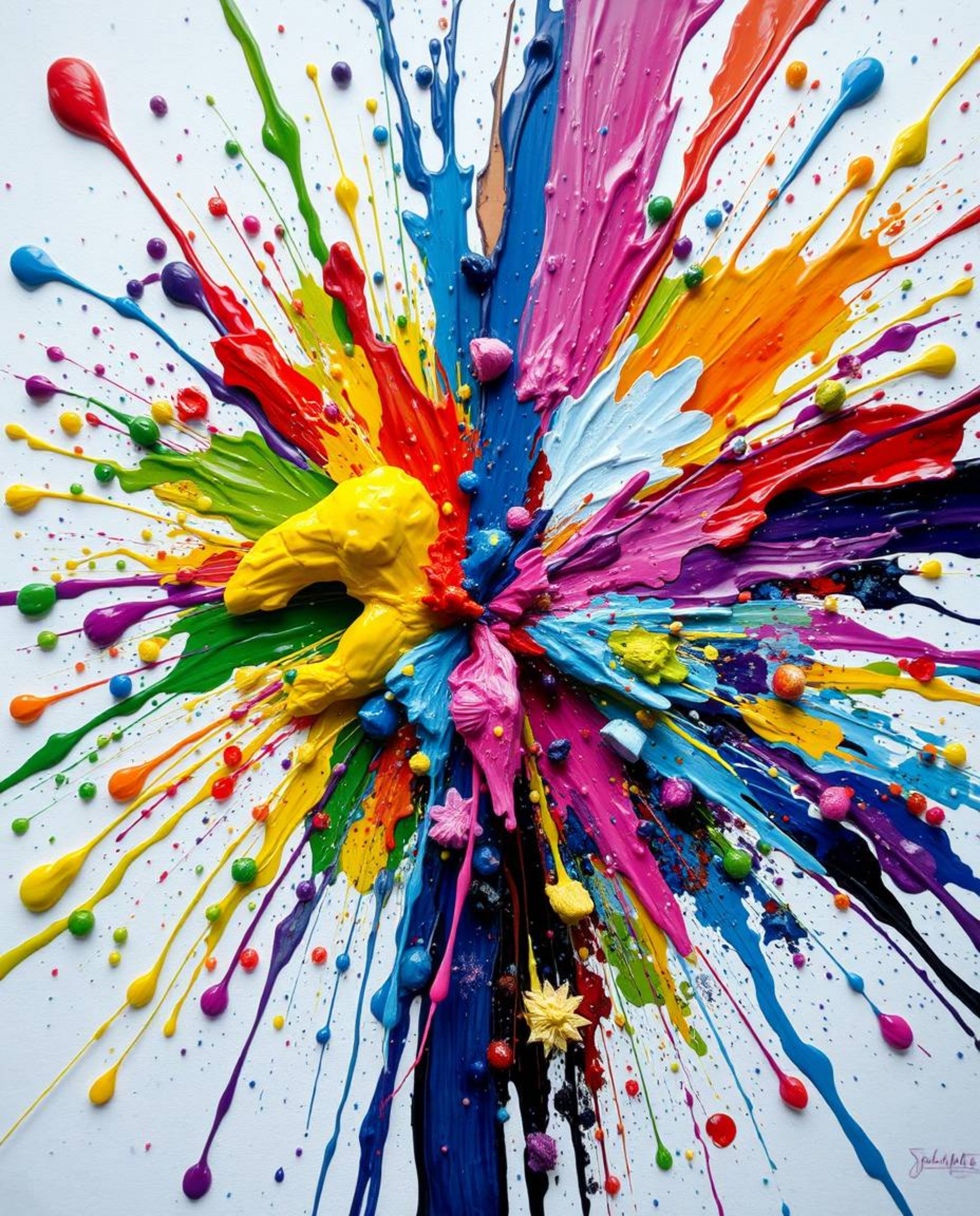 Explore a dynamic and high-detail abstract art piece featuring a vibrant explosion of colorful paint splashes on a pristine w