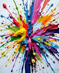 Explore a dynamic and high-detail abstract art piece featuring a vibrant explosion of colorful paint splashes on a pristine w