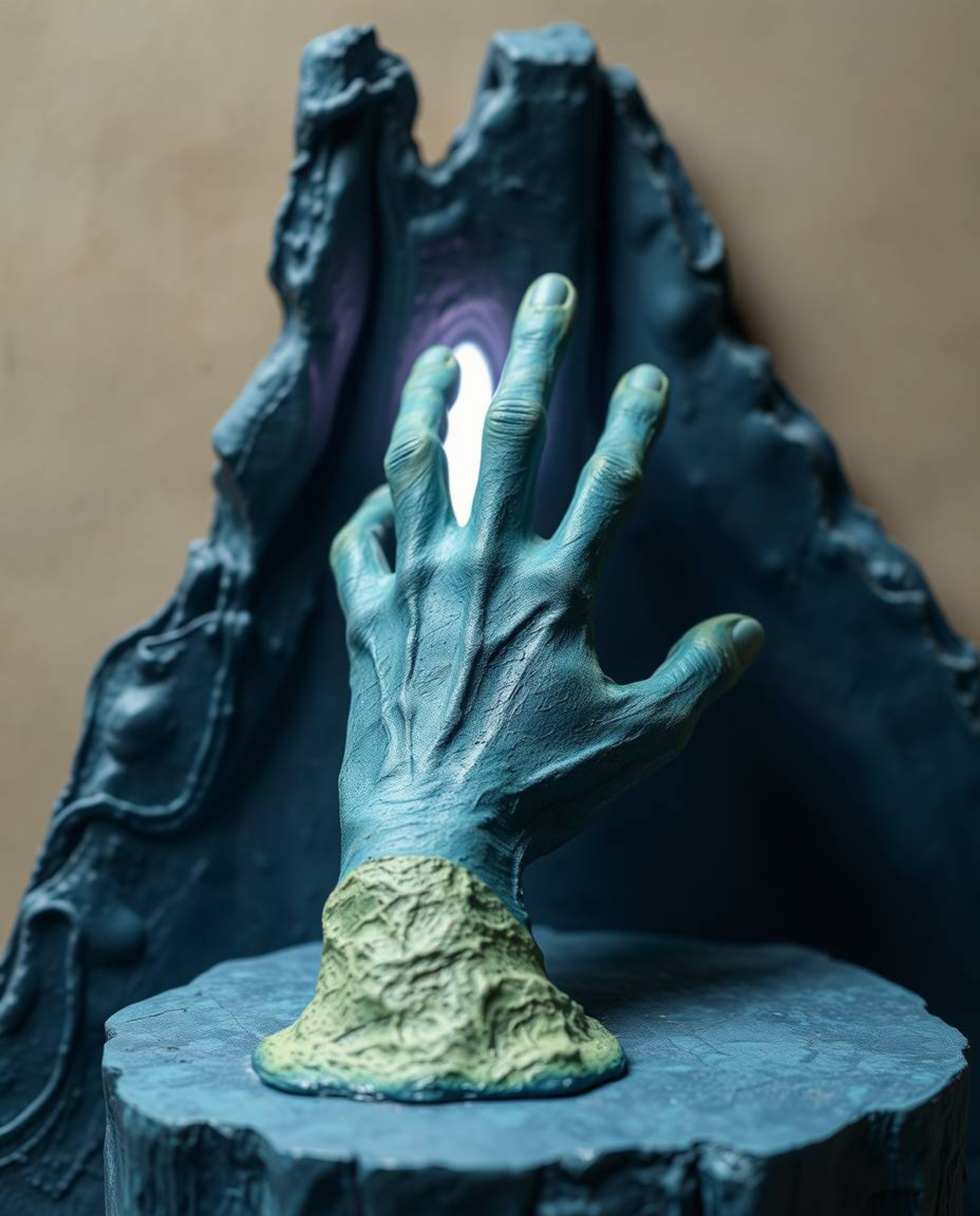 Discover stunning sculptural clay art depicting a hand reaching towards light from darkness.  This piece evokes a sense of ho