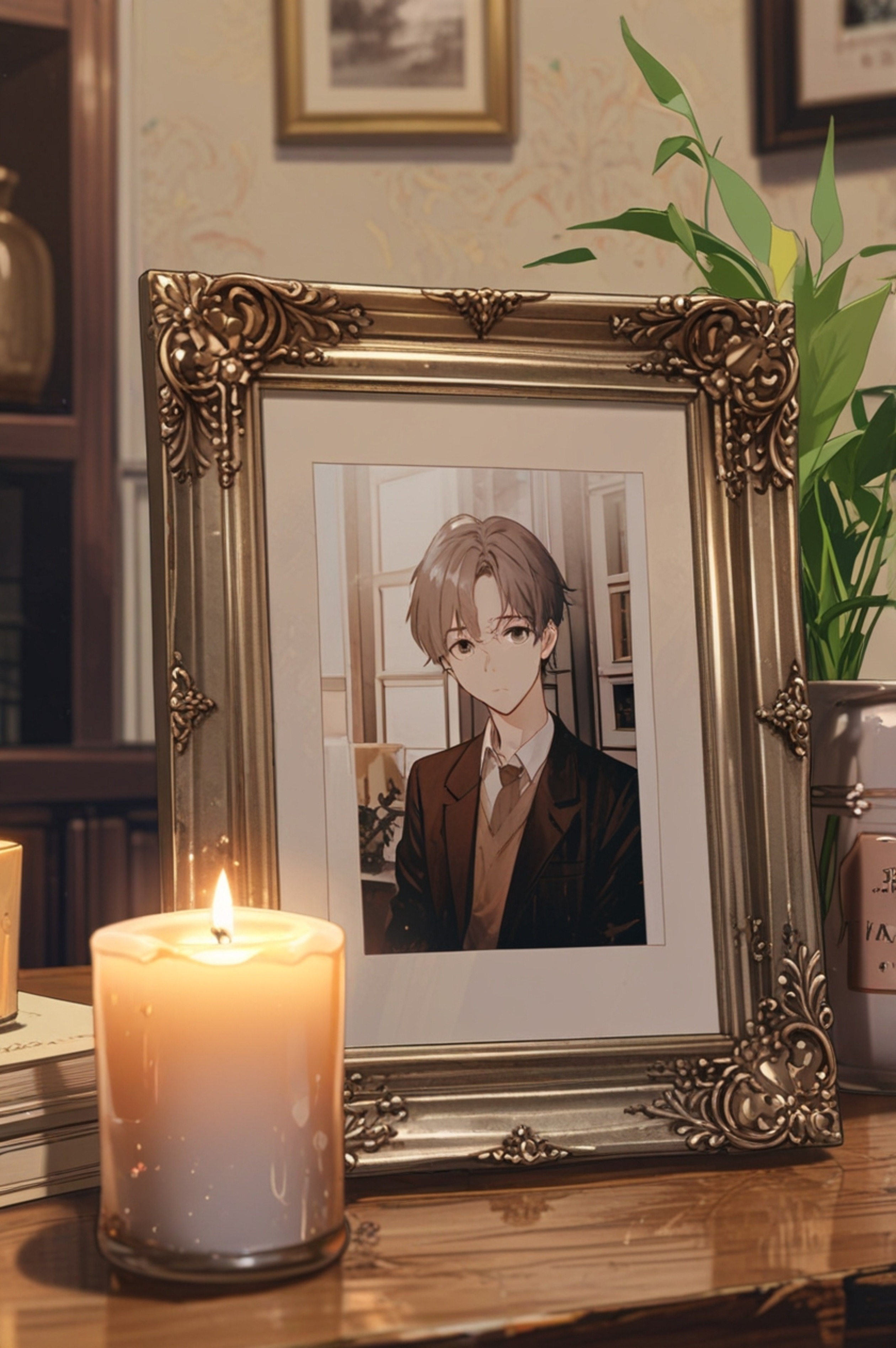 A vintage photograph nestled within an ornate silver frame creates a nostalgic and elegant touch.  Positioned thoughtfully on
