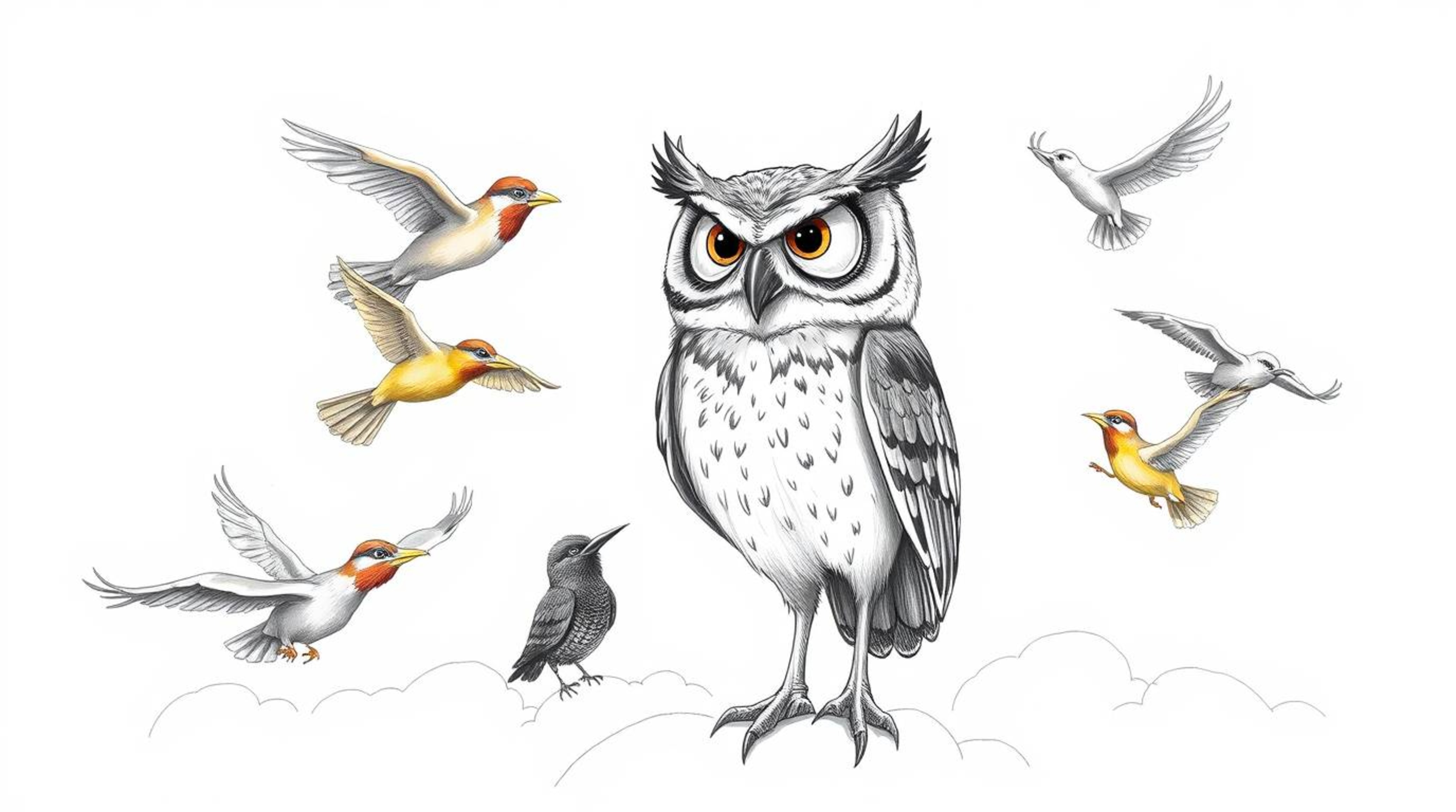 A heartwarming image of a blind owl, rendered in a charming Pixar style, takes center stage as it teaches a diverse group of 