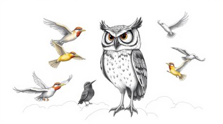 A heartwarming image of a blind owl, rendered in a charming Pixar style, takes center stage as it teaches a diverse group of 