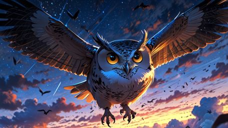 A serene and magical scene, beautifully crafted in a blend of Pixar and anime styles. A wise blind owl is gently teaching you