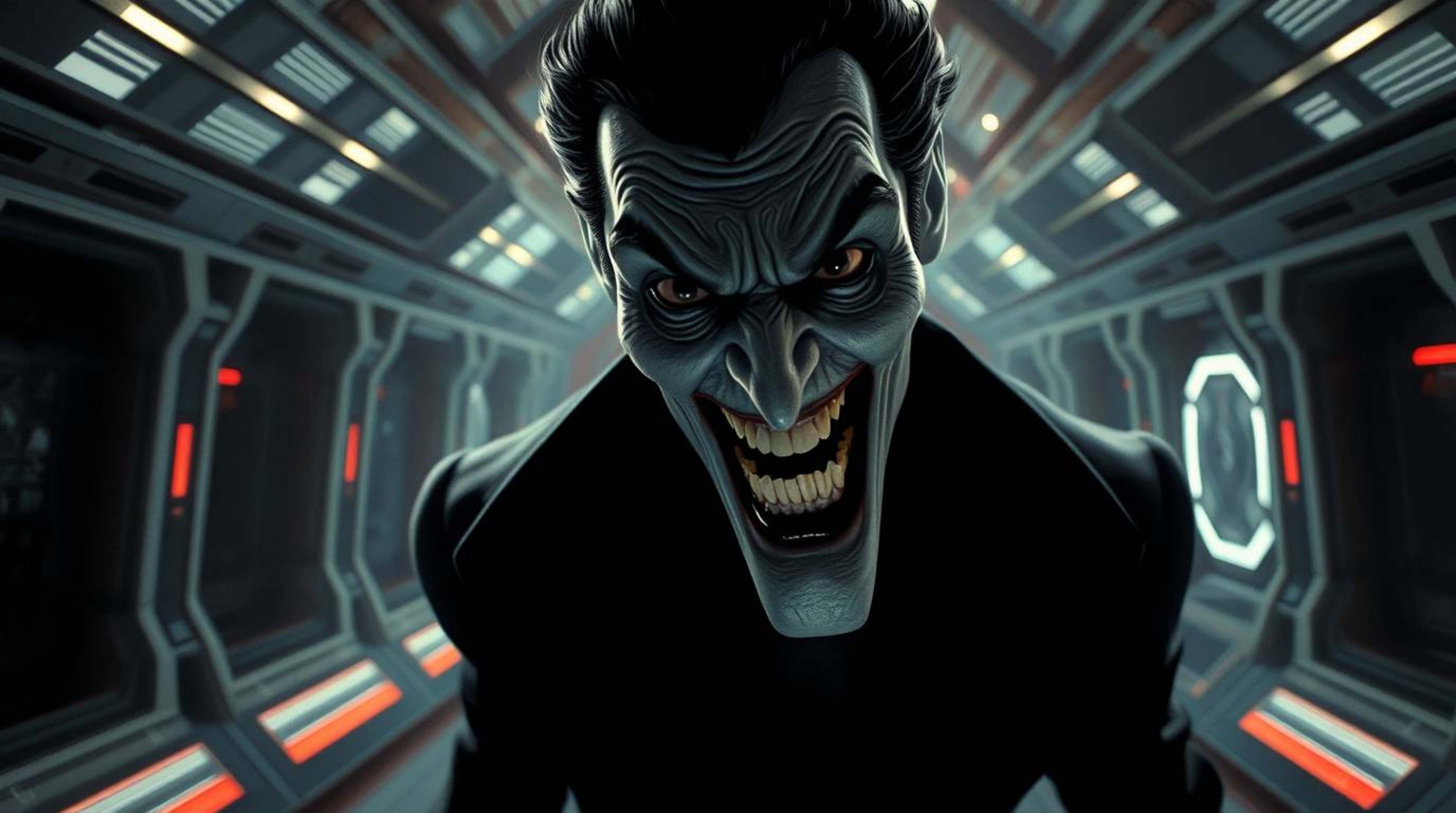 A hilariously exaggerated villain with pale skin and dark eyes suffers a comedic meltdown within a sleek, high-tech lair.  Th