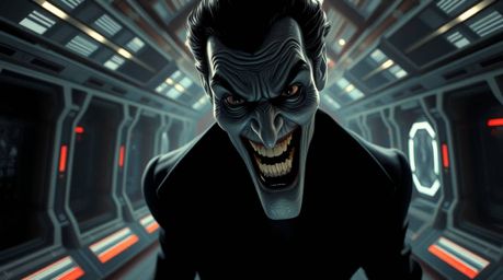 A hilariously exaggerated villain with pale skin and dark eyes suffers a comedic meltdown within a sleek, high-tech lair.  Th