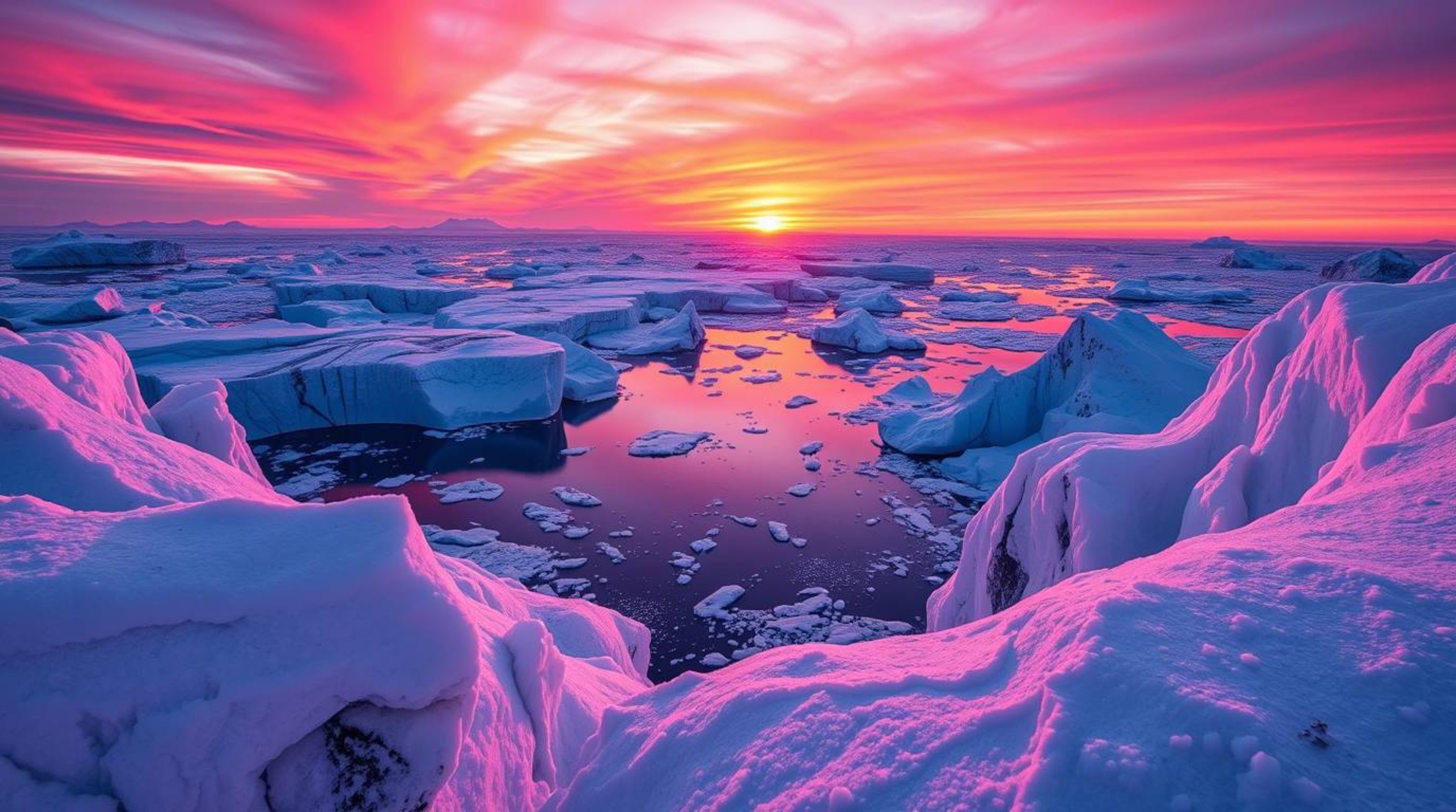 A stunning high-angle perspective photograph captures a mesmerizing sunset over icy polar glaciers. The scene is dominated by