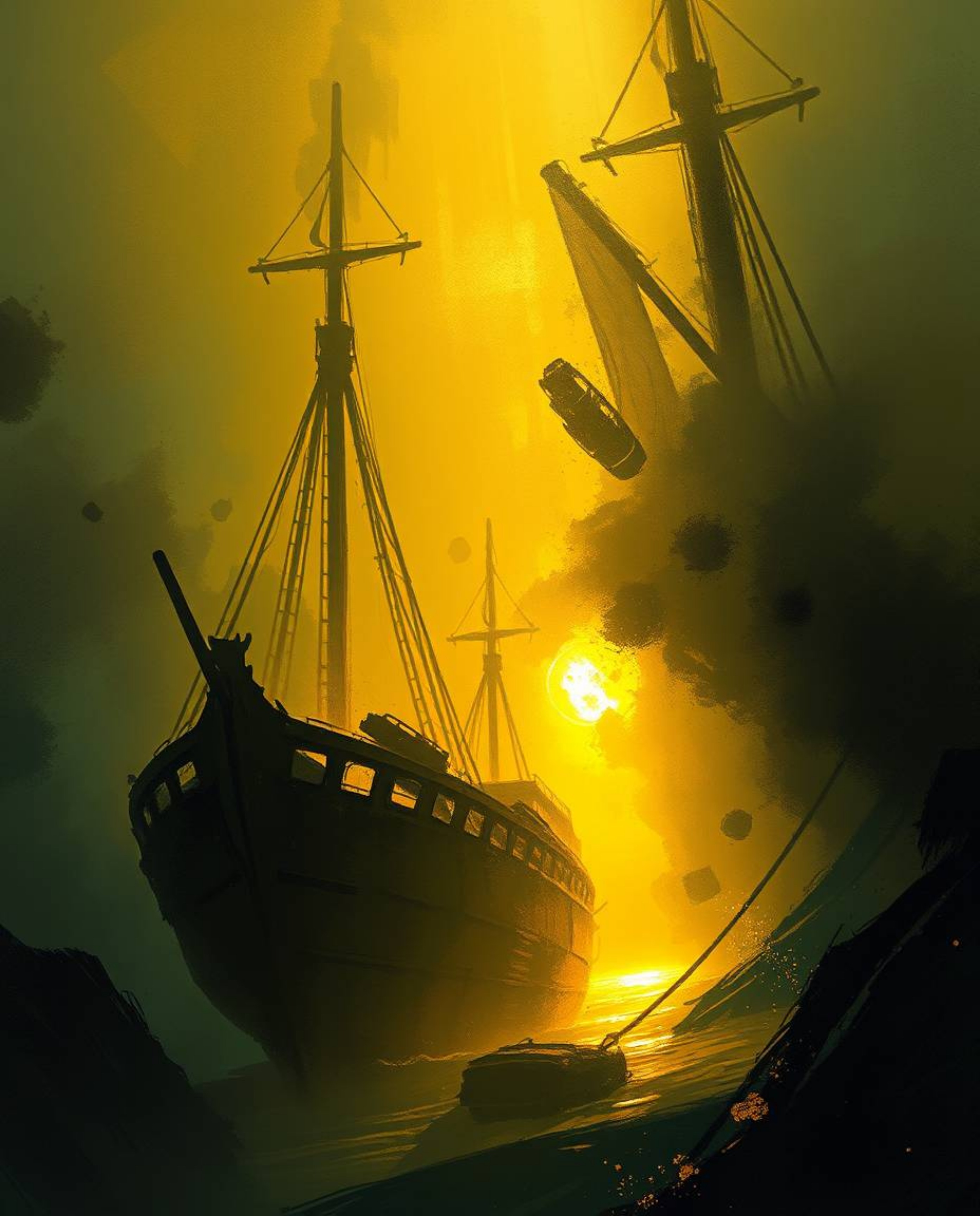 Discover a captivating digital painting of a shipwreck illuminated deep underwater. This artwork features a warm golden glow,