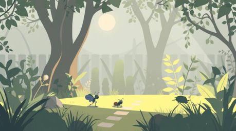 A captivating minimalist illustration depicts a bug-sized hero exploring a vibrant backyard jungle.  Featuring a gentle, soft