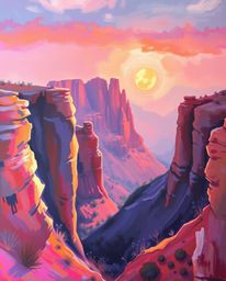 This bold acrylic painting captures a soft, dreamy atmosphere as the sunset illuminates sandstone canyon cliffs. The artwork 