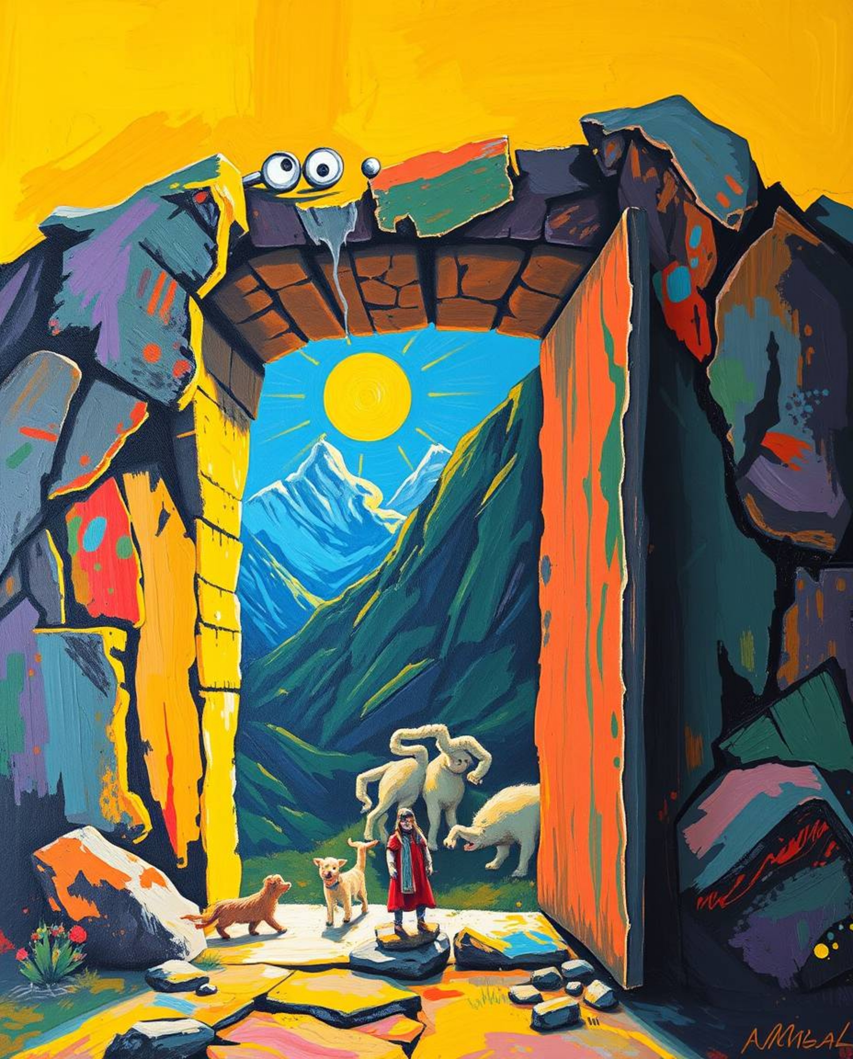 Explore bold acrylic paintings featuring an ancient doorway glowing with runes, nestled into the side of a mountain. These li